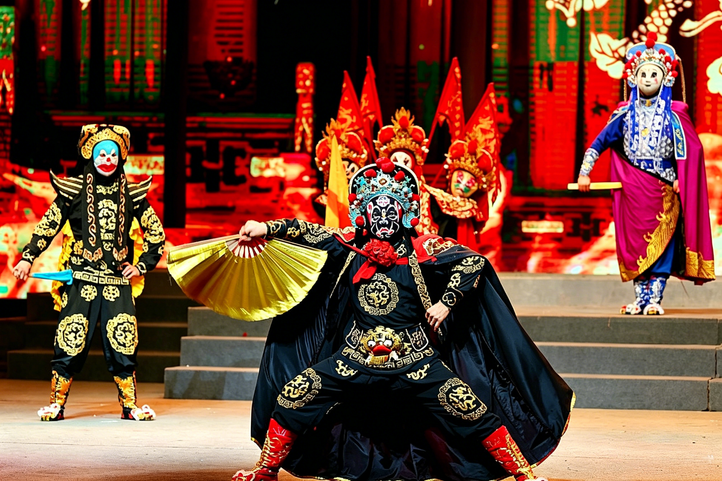 A Sichuan opera performer in elaborate costume, mid-face-change — masks switching in the blink of an eye