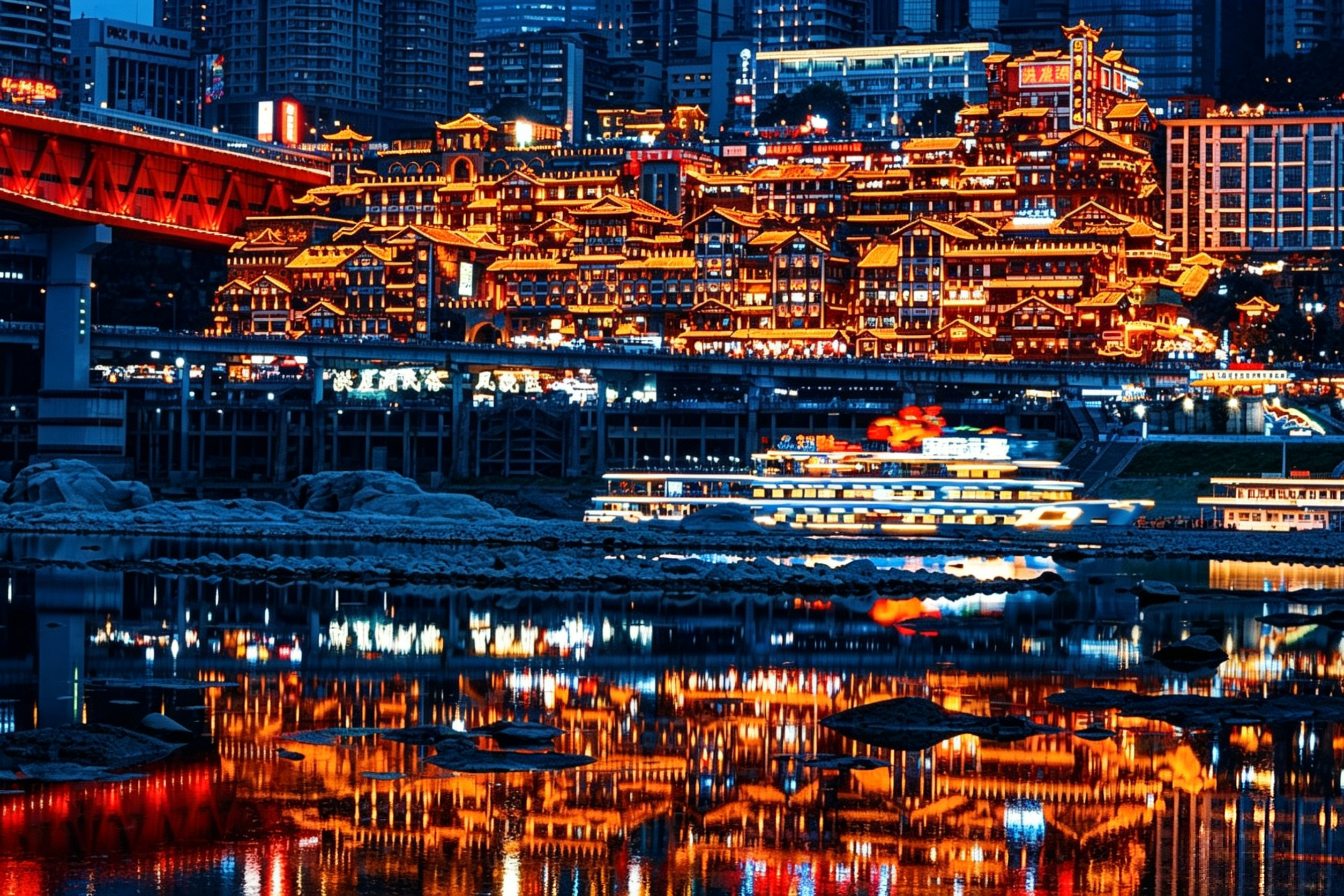 Hongya Cave at night — golden-lit stilt houses cascading down the cliffside into the Jialing River, Chongqing's most iconic view