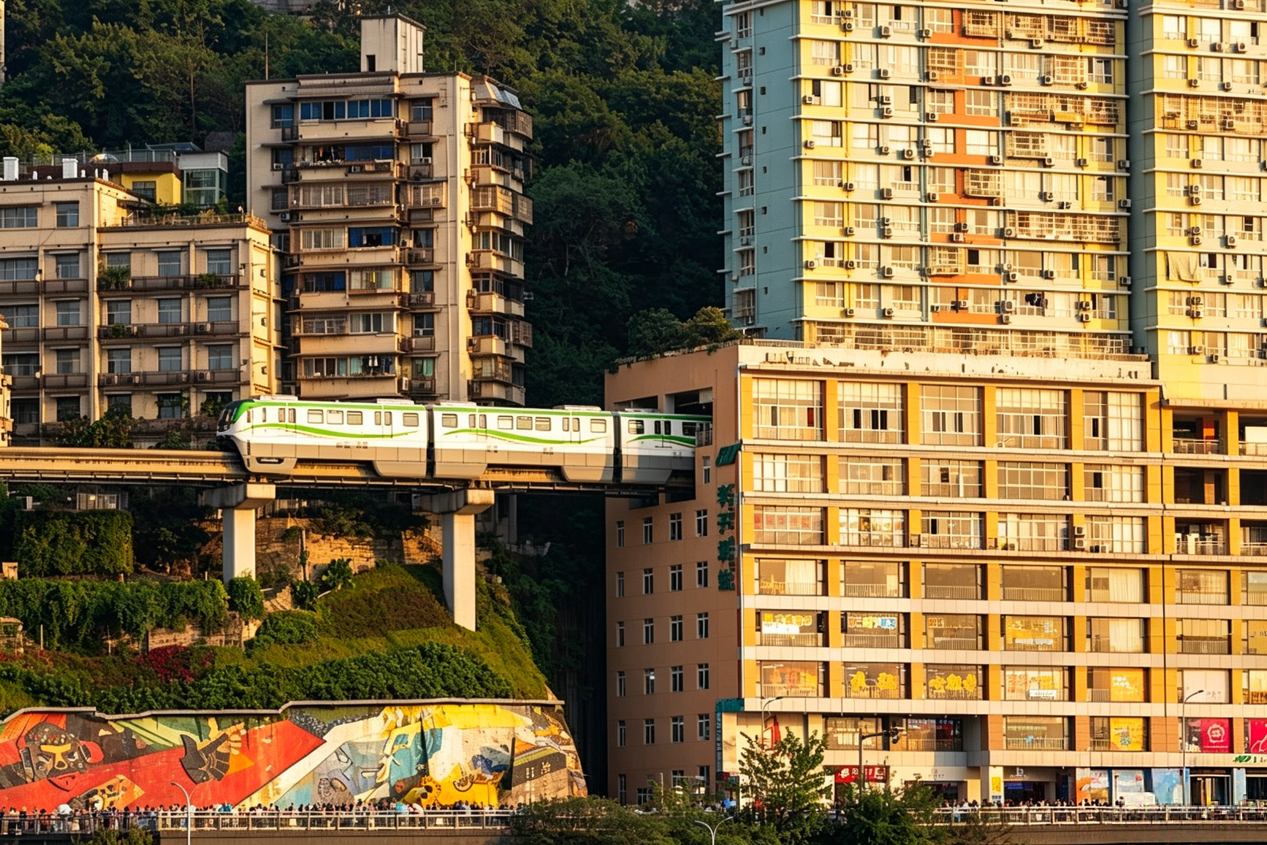 The Liziba monorail emerging from a residential apartment building — quintessential Chongqing 8D geometry