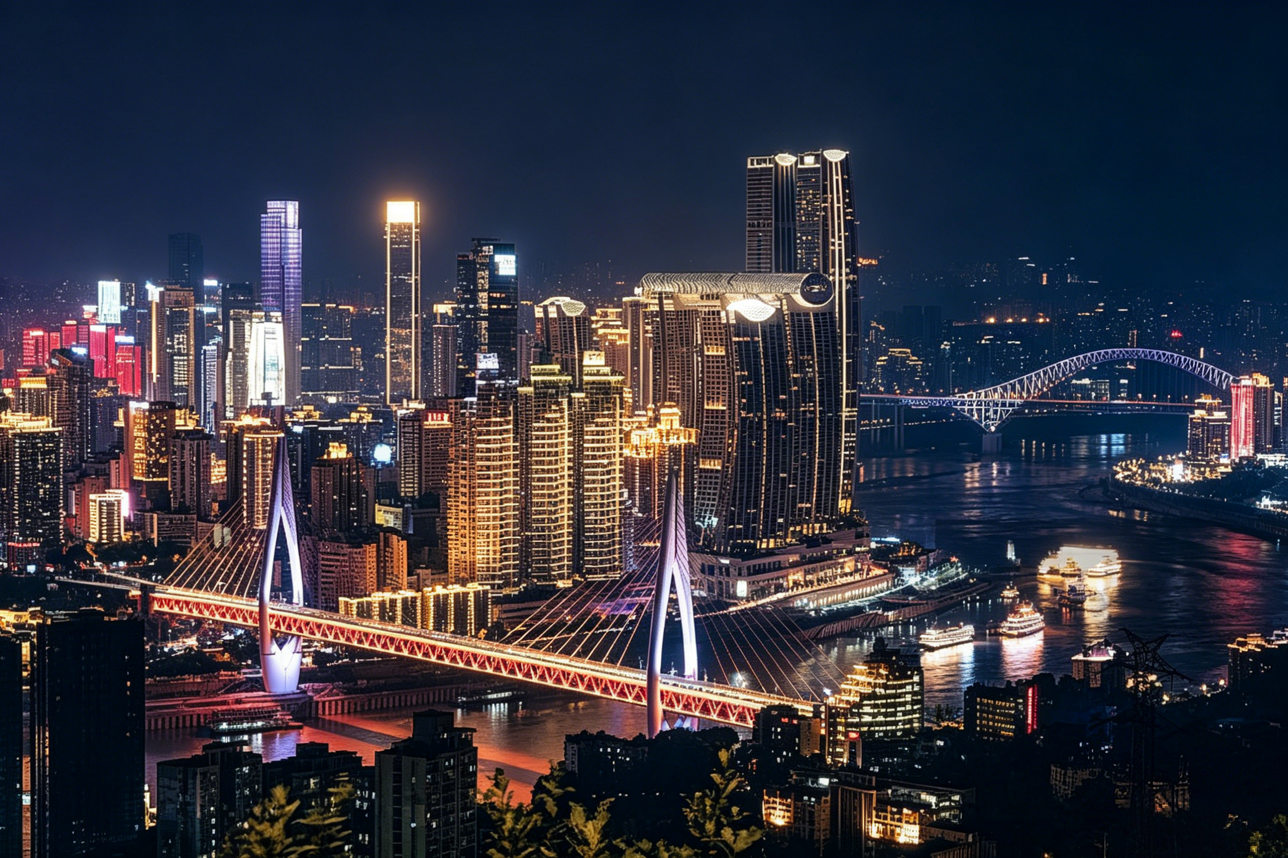 The cyberpunk skyline of Chongqing at night — layers of neon, bridges, and skyscrapers reflected in the Yangtze River