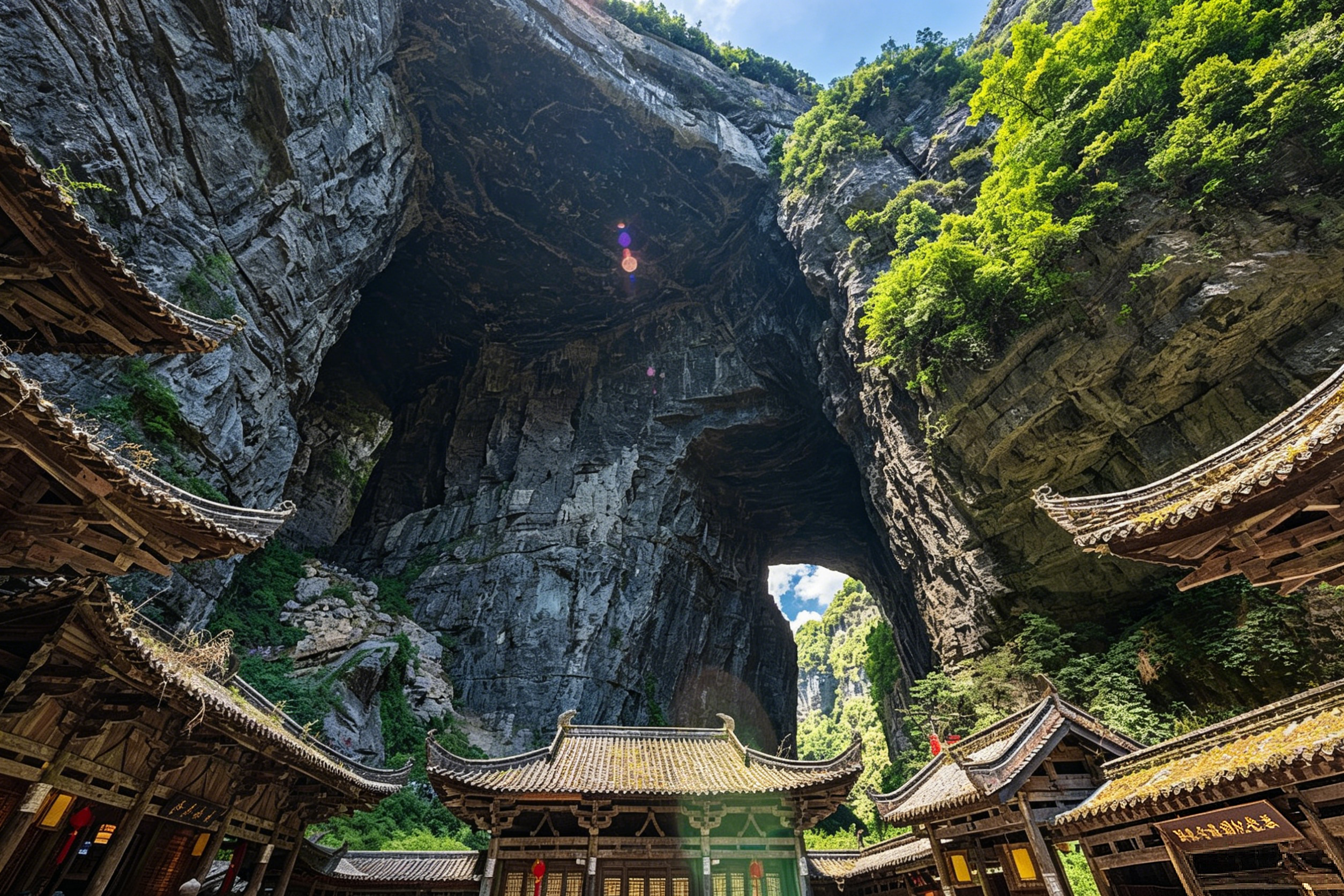 The Three Natural Bridges of Wulong — colossal limestone arches spanning a deep green canyon