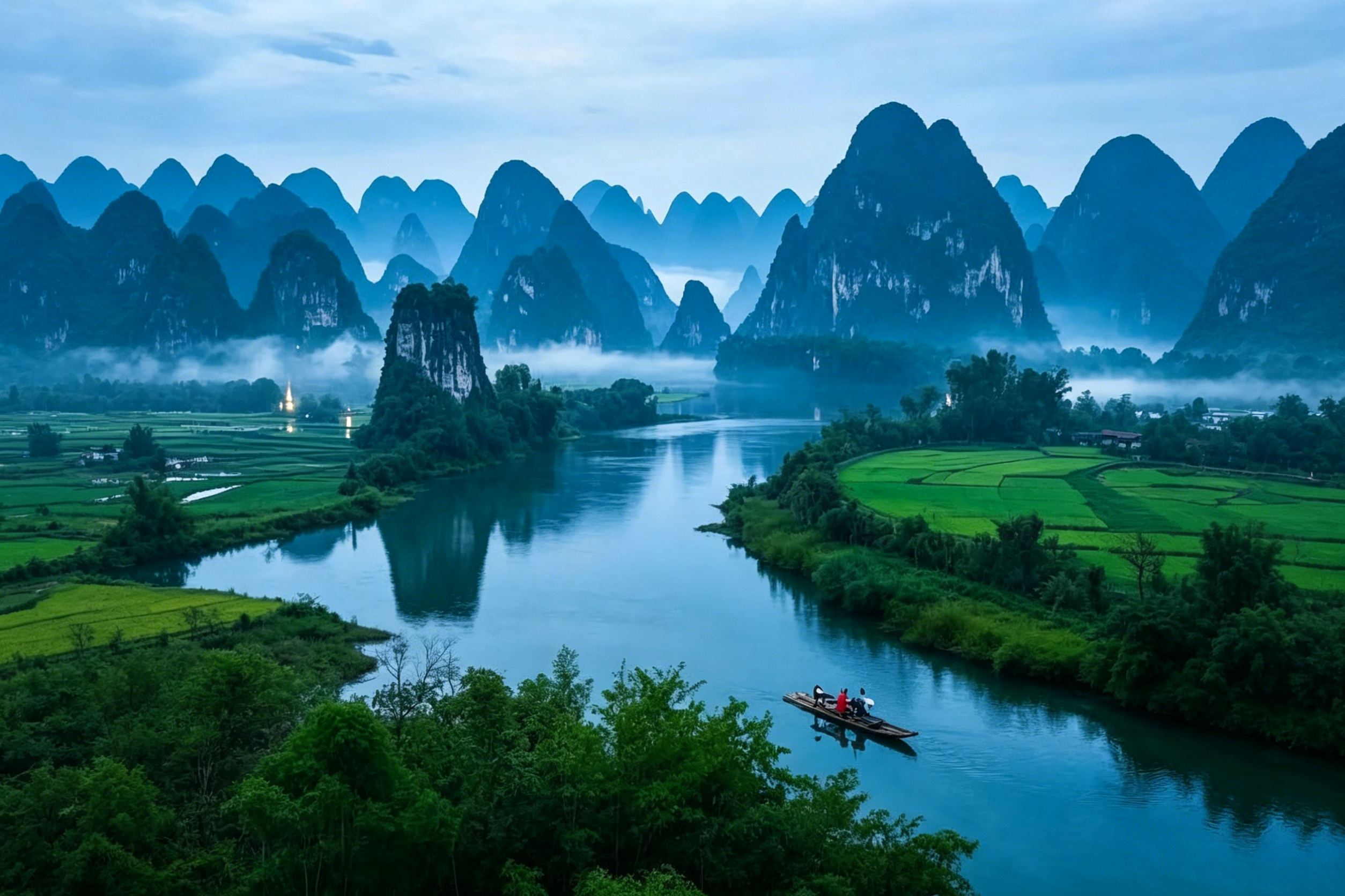 The Li River winding through karst peaks — a bamboo raft in the foreground, mist-shrouded mountains stretching to the horizon