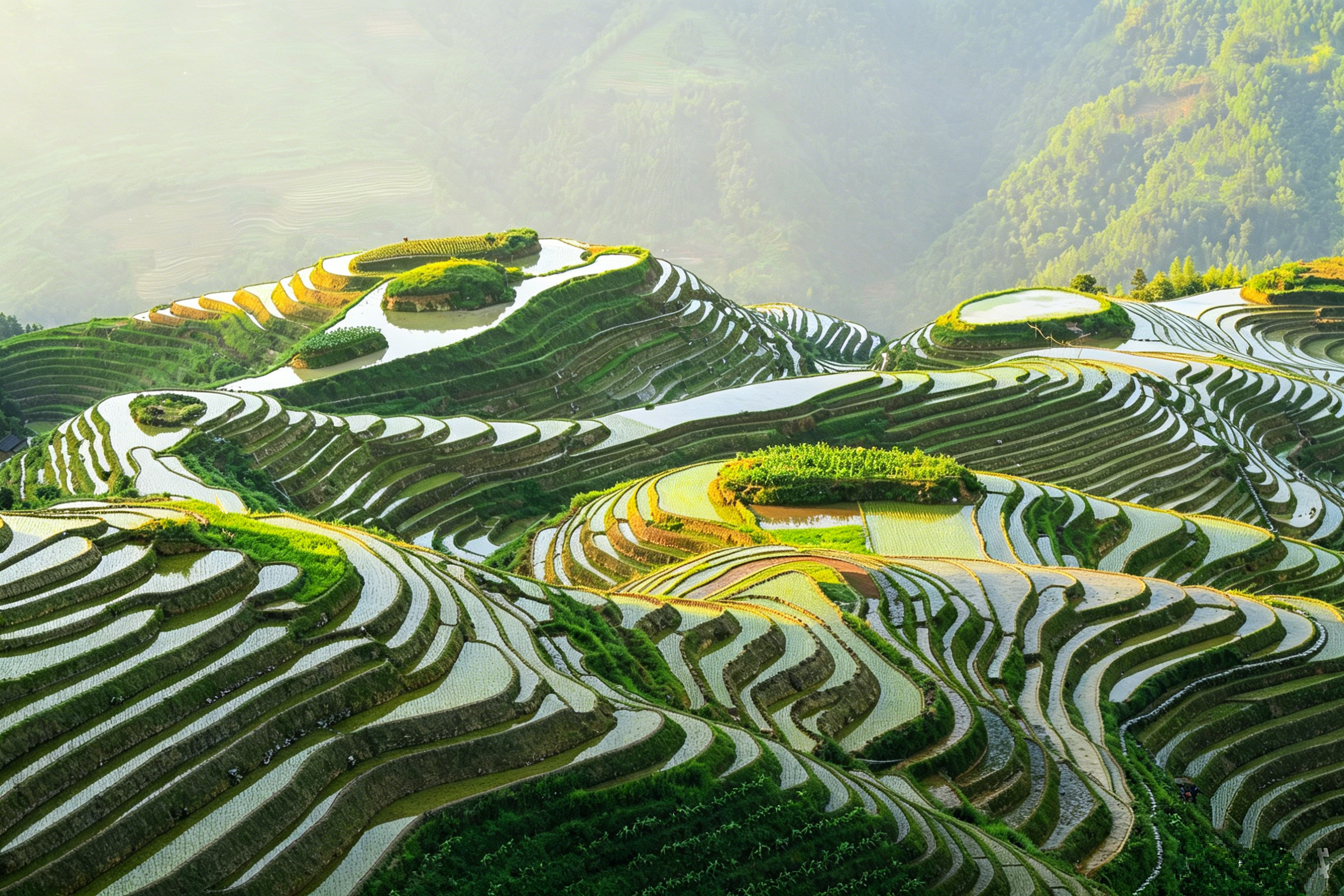 Rice terraces at Longji in spring — water-filled paddies reflecting the sky like mirrors stacked up the mountainside