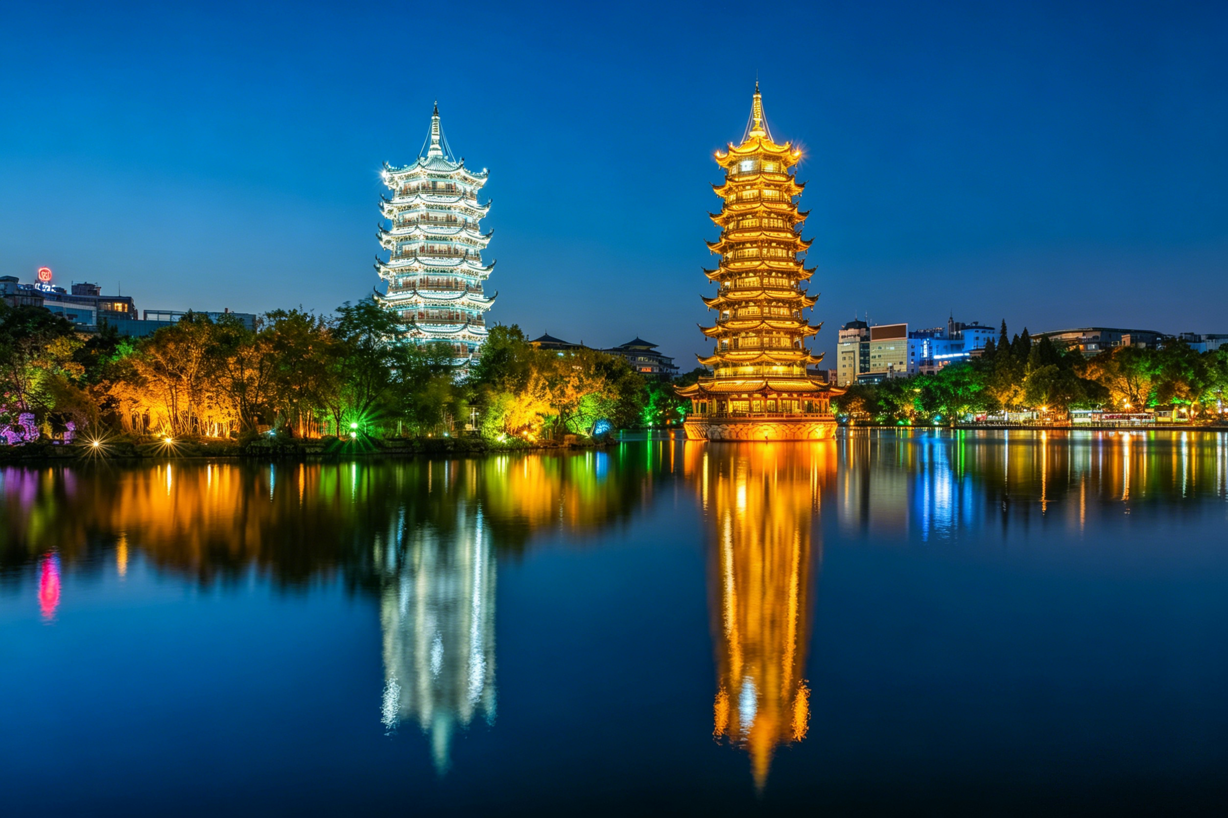 The Sun and Moon Pagodas — one gold, one silver — rising from Shanhu Lake in downtown Guilin at night