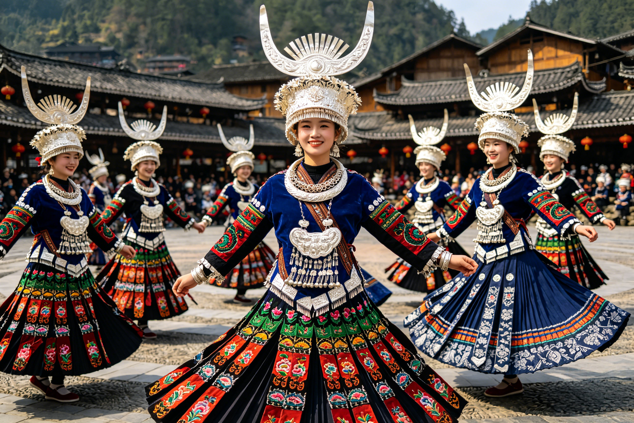 Members of the Miao ethnic group in traditional embroidered attire during a festival in Guizhou province