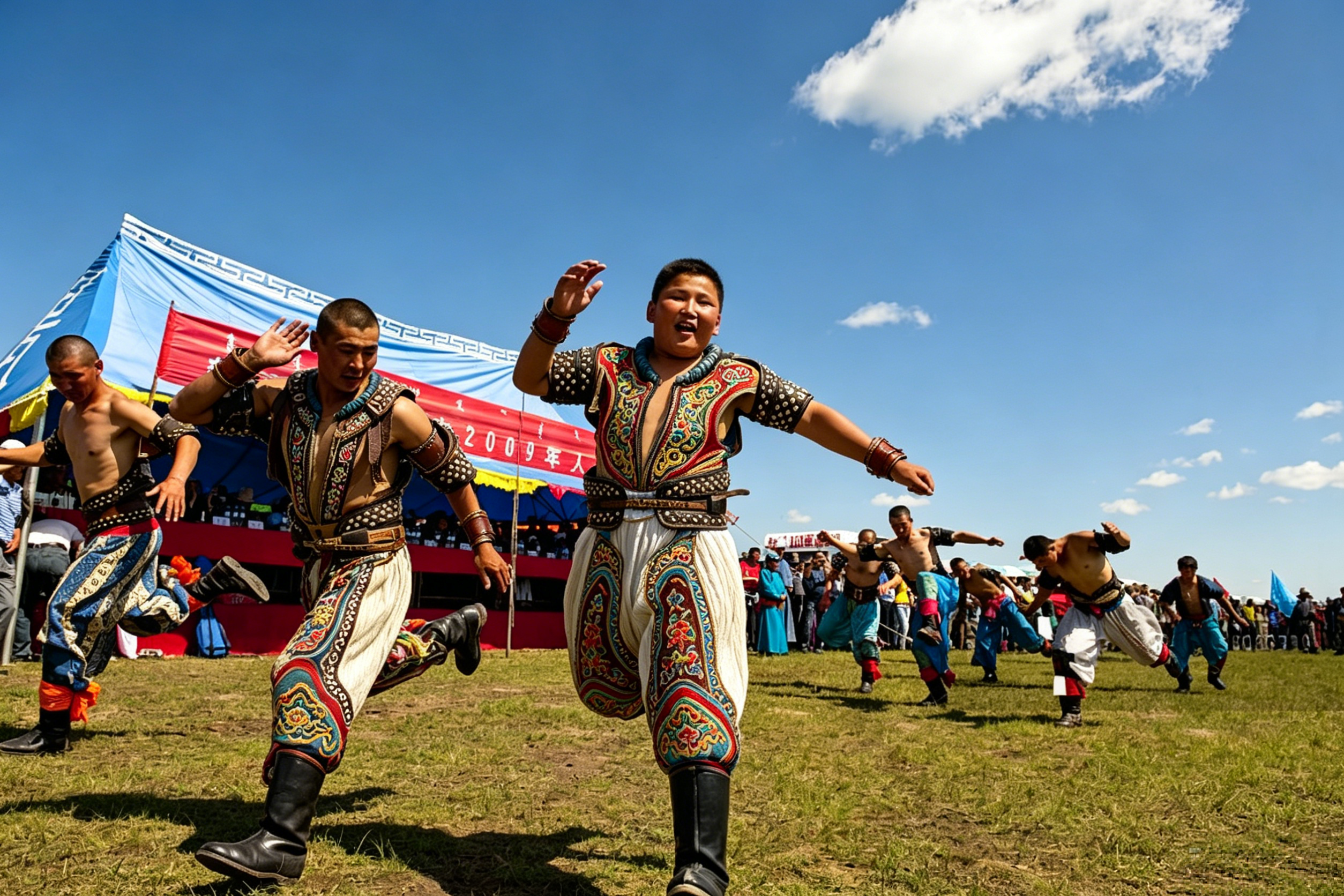 Mongolian wrestlers in traditional boots and embroidered jackets competing at the Naadam Festival