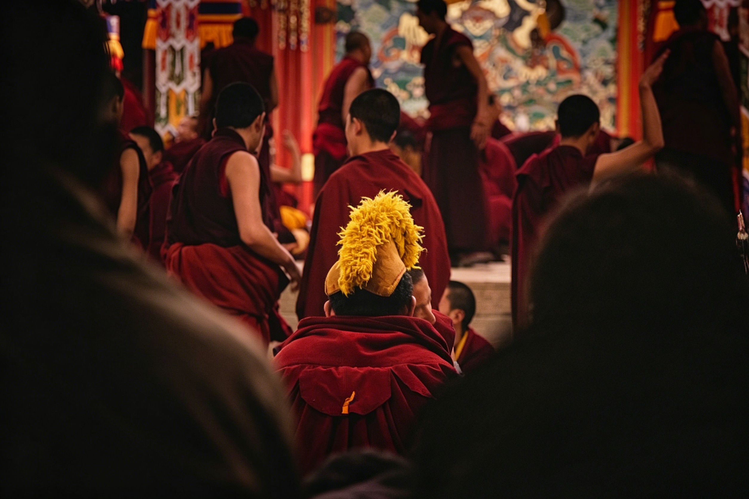 Tibetan monks in crimson robes debating scriptures in the courtyard of a monastery in western Sichuan