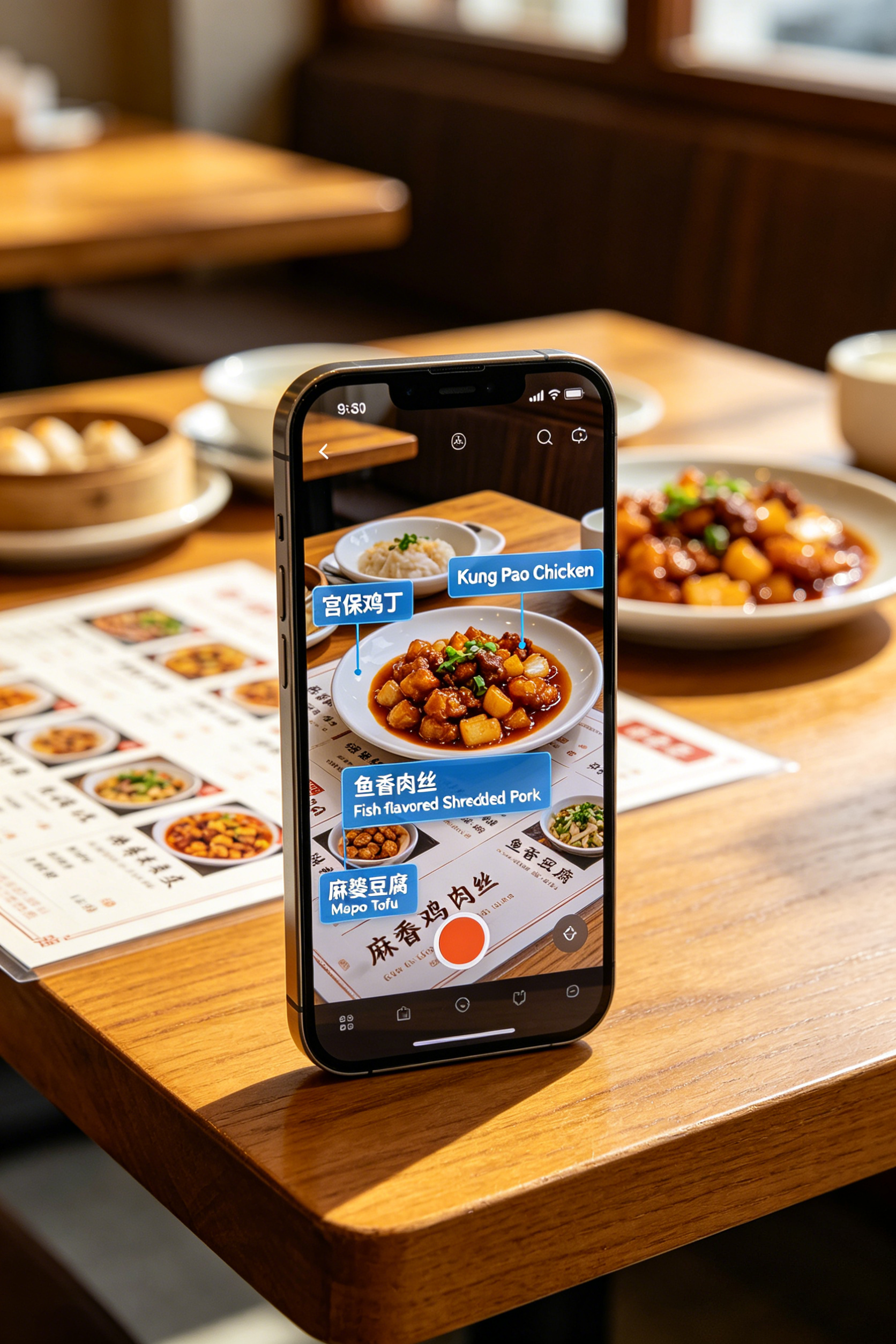 A smartphone showing a translation app with the camera pointed at a Chinese menu — real-time visual translation