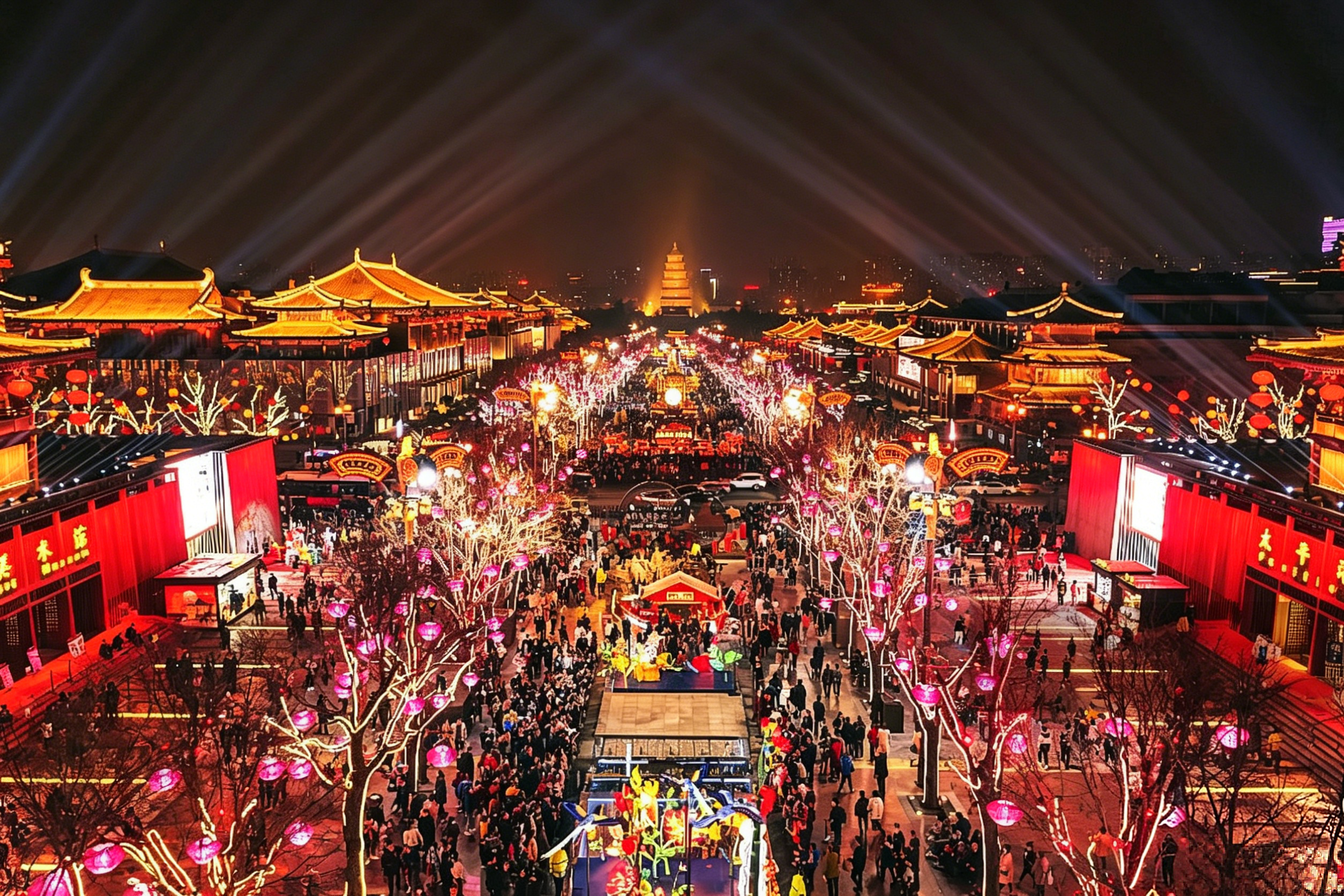 The Grand Tang Dynasty Ever-Bright City at night — a sea of Tang-style lights, street performers, and Hanfu-clad locals